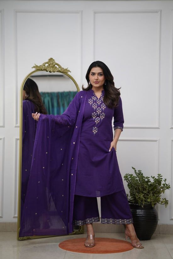 Royal Purple Mirror Work Kurta Set for Women with Palazzo & Dupatta – Festive Ethnic Wear