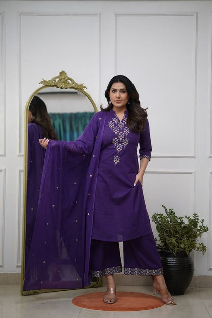 Royal Purple Mirror Work Kurta Set for Women with Palazzo & Dupatta – Festive Ethnic Wear