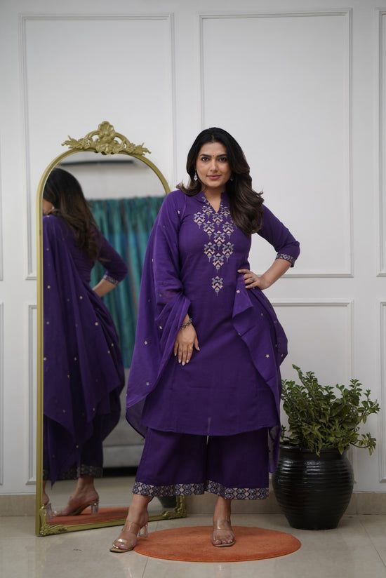 Royal Purple Mirror Work Kurta Set for Women with Palazzo & Dupatta – Festive Ethnic Wear