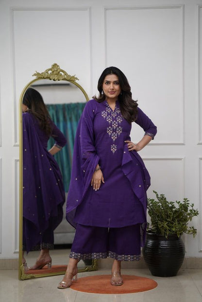 Royal Purple Mirror Work Kurta Set for Women with Palazzo & Dupatta – Festive Ethnic Wear