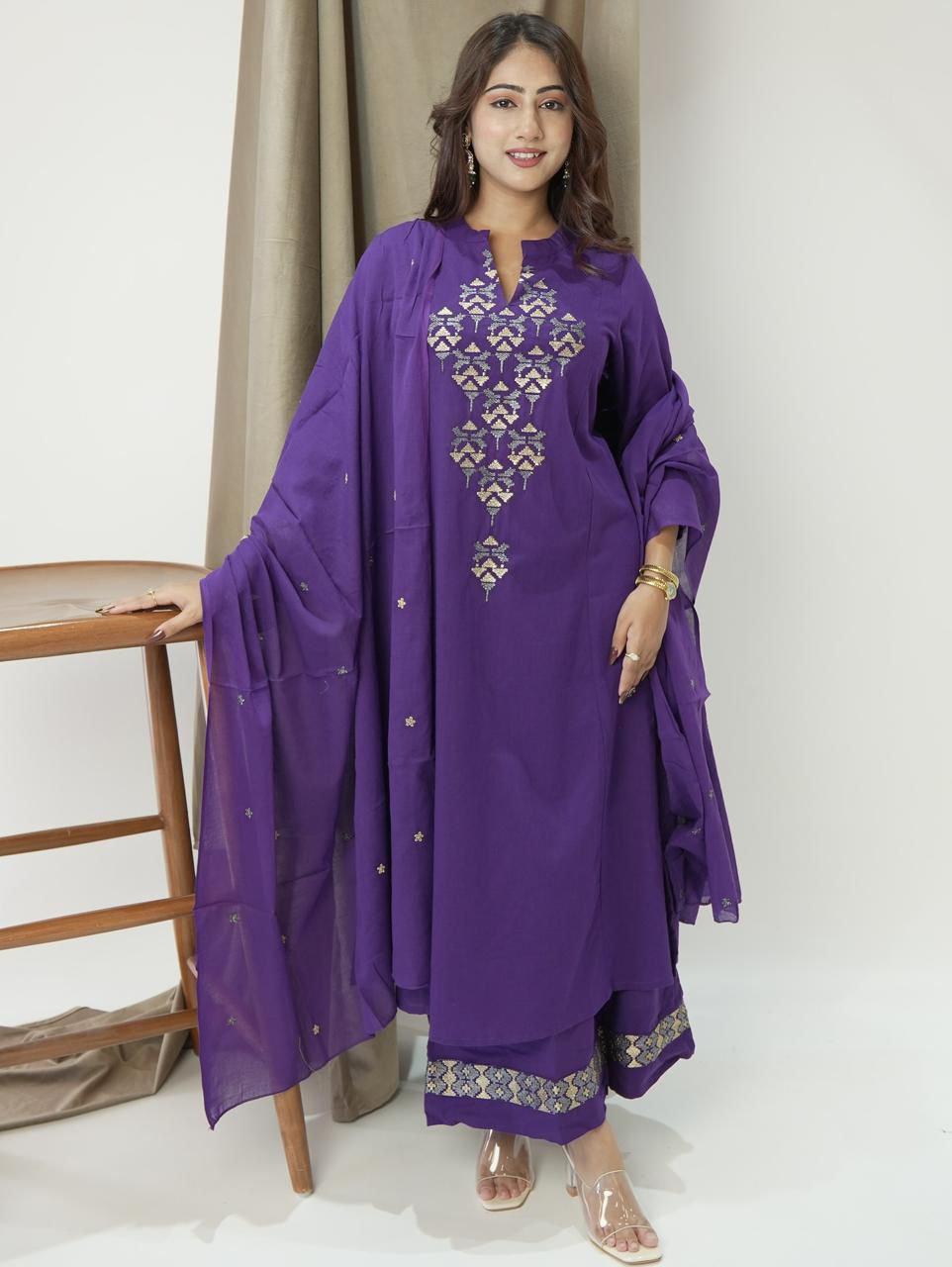 Royal Purple Mirror Work Kurta Set for Women with Palazzo & Dupatta – Festive Ethnic Wear