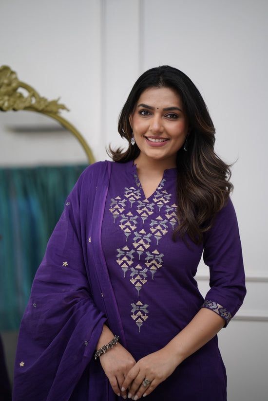 Royal Purple Mirror Work Kurta Set for Women with Palazzo & Dupatta – Festive Ethnic Wear