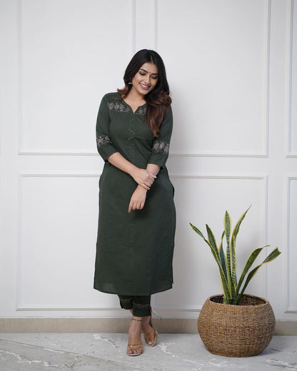 Women Dark Green Cotton Kurta Pant Set with Elegant Embroidery | Stylish Ethnic Wear for Office & Festive Use