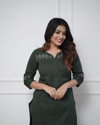 Women Dark Green Cotton Kurta Pant Set with Elegant Embroidery | Stylish Ethnic Wear for Office & Festive Use