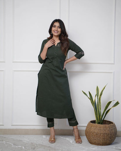 Women Dark Green Cotton Kurta Pant Set with Elegant Embroidery | Stylish Ethnic Wear for Office & Festive Use