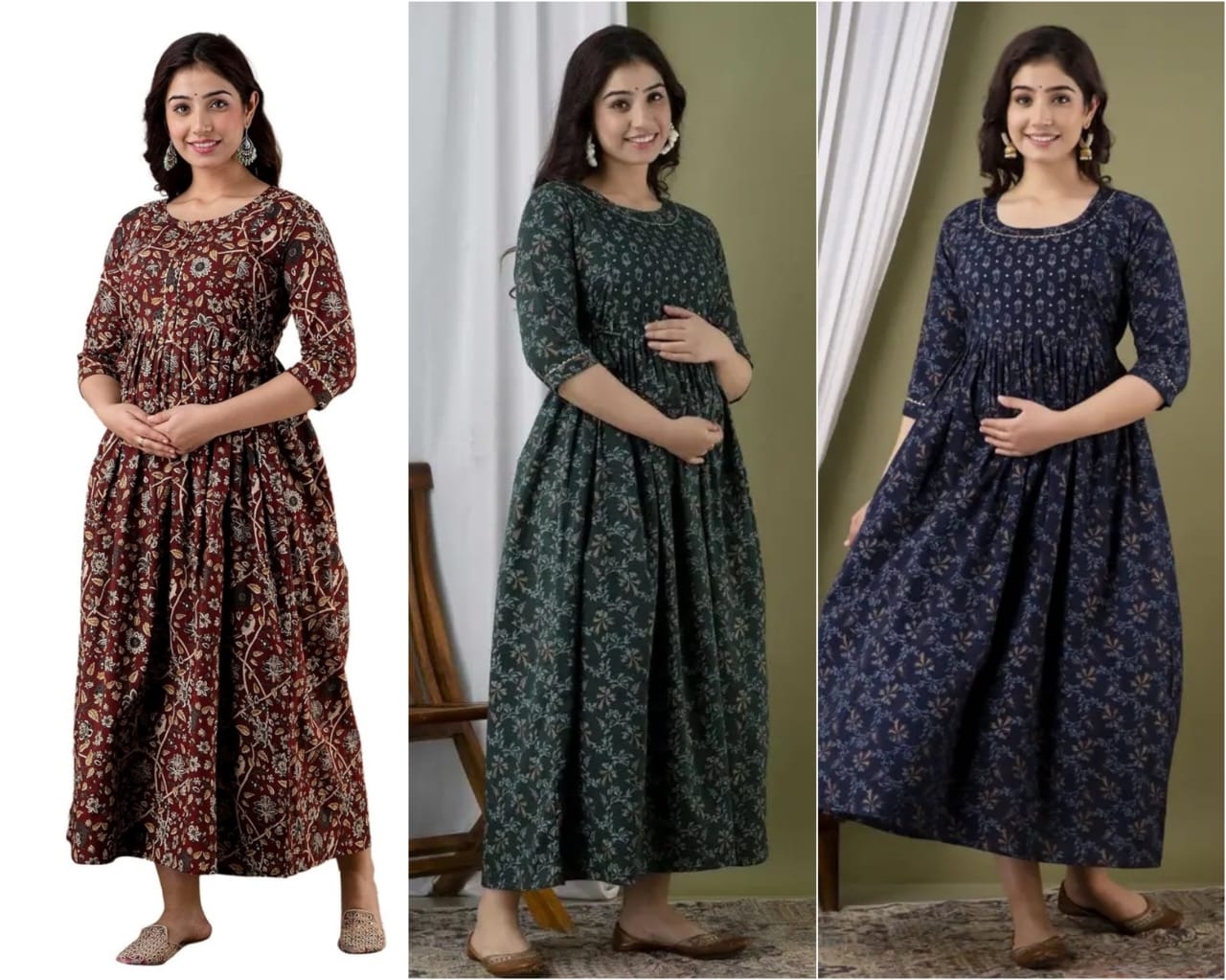 Women’s Floral Printed Cotton Long Kurta Dress – Maroon, Bottle Green & Navy Blue