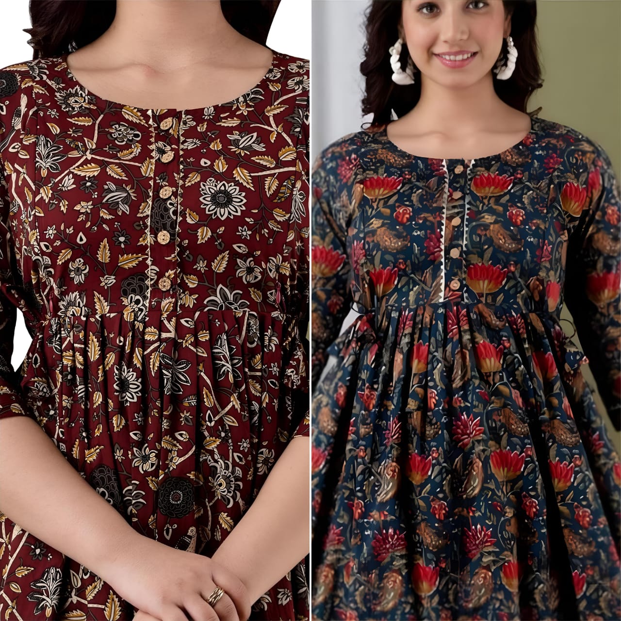 Women’s Floral Printed Cotton Long Kurta Dress – Maroon & Teal Blue Ethnic Wear