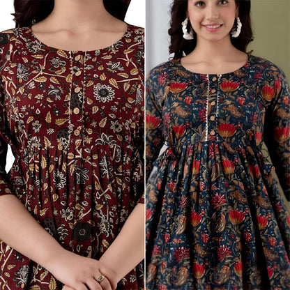 Women’s Floral Printed Cotton Long Kurta Dress – Maroon & Teal Blue Ethnic Wear
