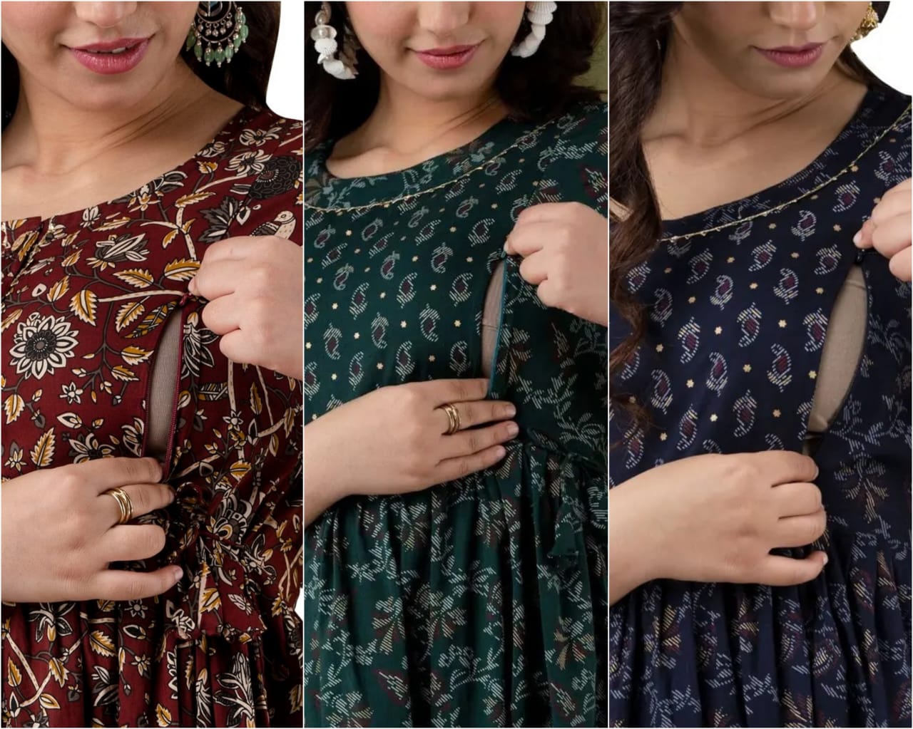 Women’s Floral Printed Cotton Long Kurta Dress – Maroon, Bottle Green & Navy Blue