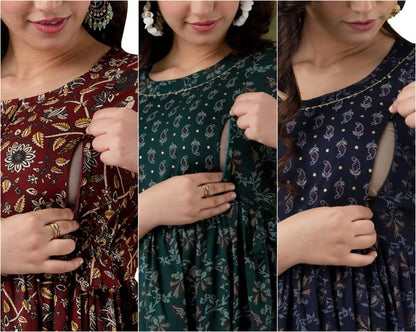 Women’s Floral Printed Cotton Long Kurta Dress – Maroon, Bottle Green & Navy Blue