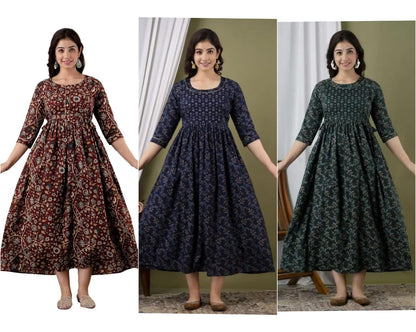Women’s Floral Printed Cotton Long Kurta Dress – Maroon, Bottle Green & Navy Blue