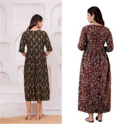 Women’s Floral Printed Cotton Long Kurta Dress – Maroon & Teal Blue Ethnic Wear