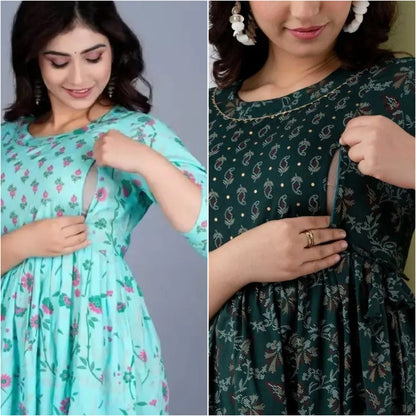 Women’s Printed Cotton Long Kurta Dress – Mint Green & Mustard Yellow Ethnic Wear