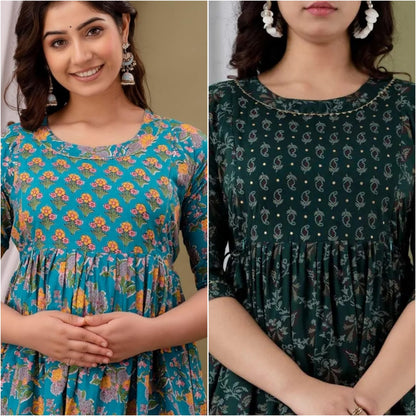 Women’s Floral Printed Cotton Long Kurta Dress – Maroon & Teal Blue Ethnic Wear