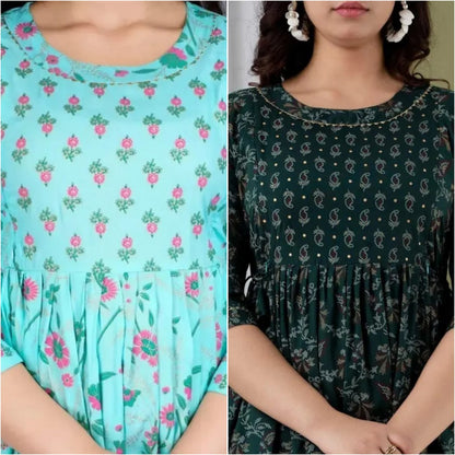 Women’s Printed Cotton Long Kurta Dress – Mint Green & Mustard Yellow Ethnic Wear