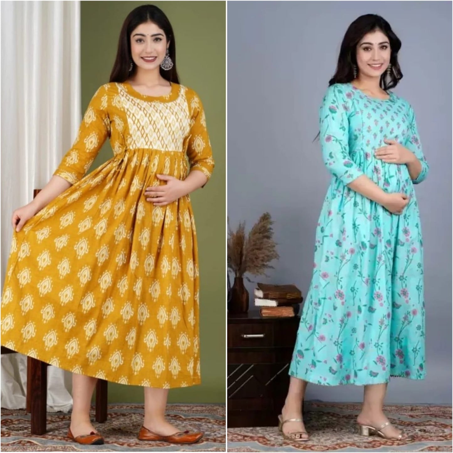 Women’s Printed Cotton Long Kurta Dress – Mint Green & Mustard Yellow Ethnic Wear
