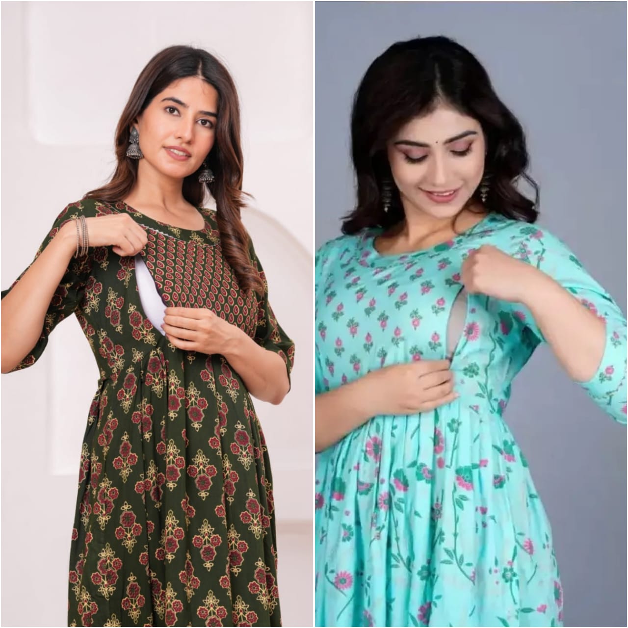 Women’s Printed Cotton Long Kurta Dress – Mint Green & Mustard Yellow Ethnic Wear
