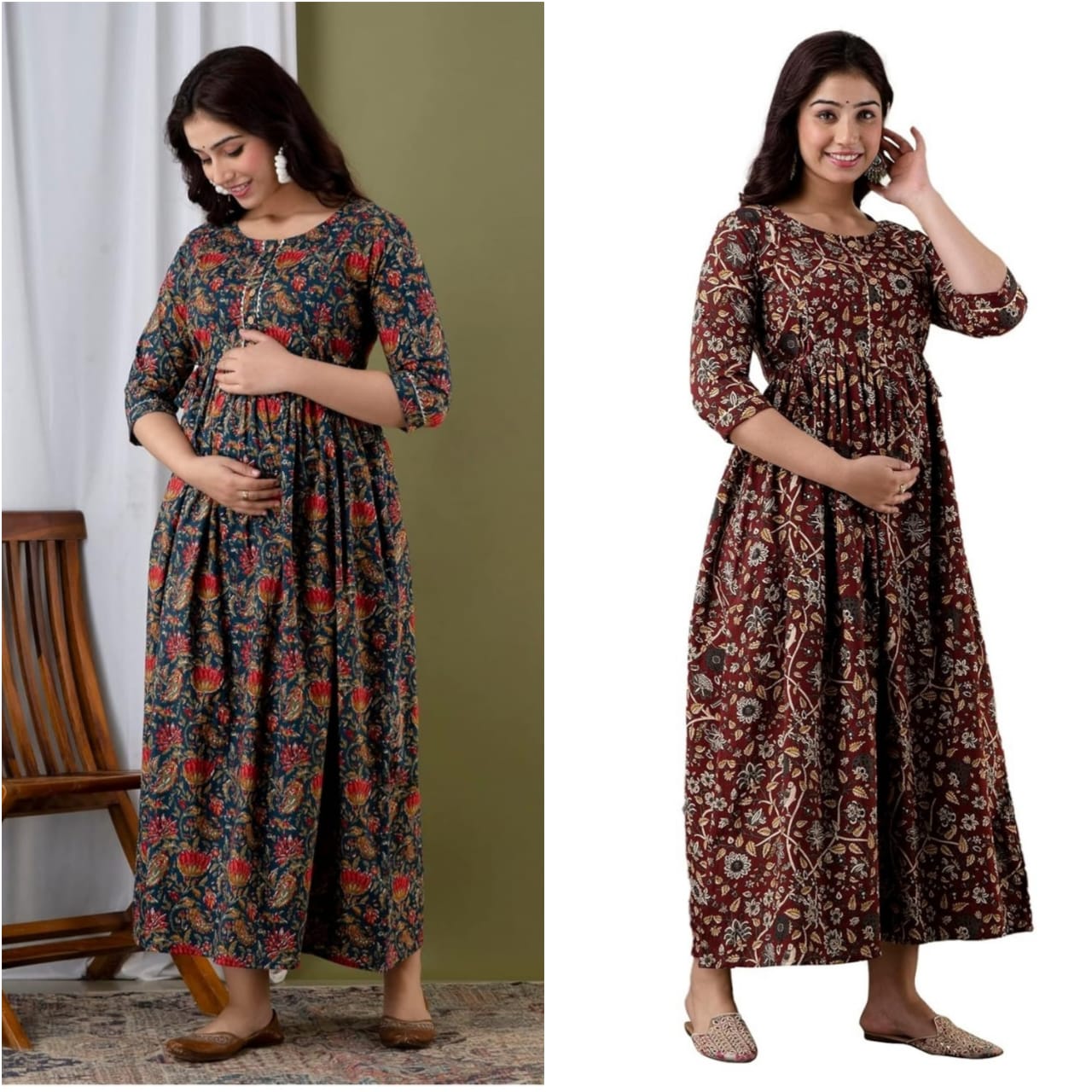 Women’s Floral Printed Cotton Long Kurta Dress – Maroon & Teal Blue Ethnic Wear