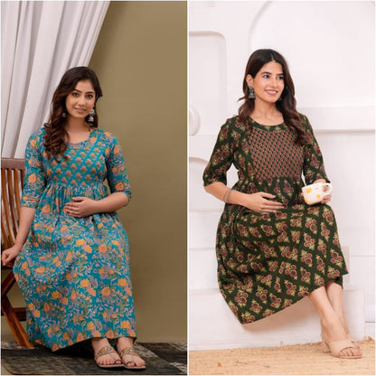 Women’s Floral Printed Cotton Long Kurta Dress – Maroon & Teal Blue Ethnic Wear