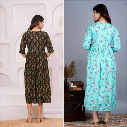 Women’s Printed Cotton Long Kurta Dress – Mint Green & Mustard Yellow Ethnic Wear