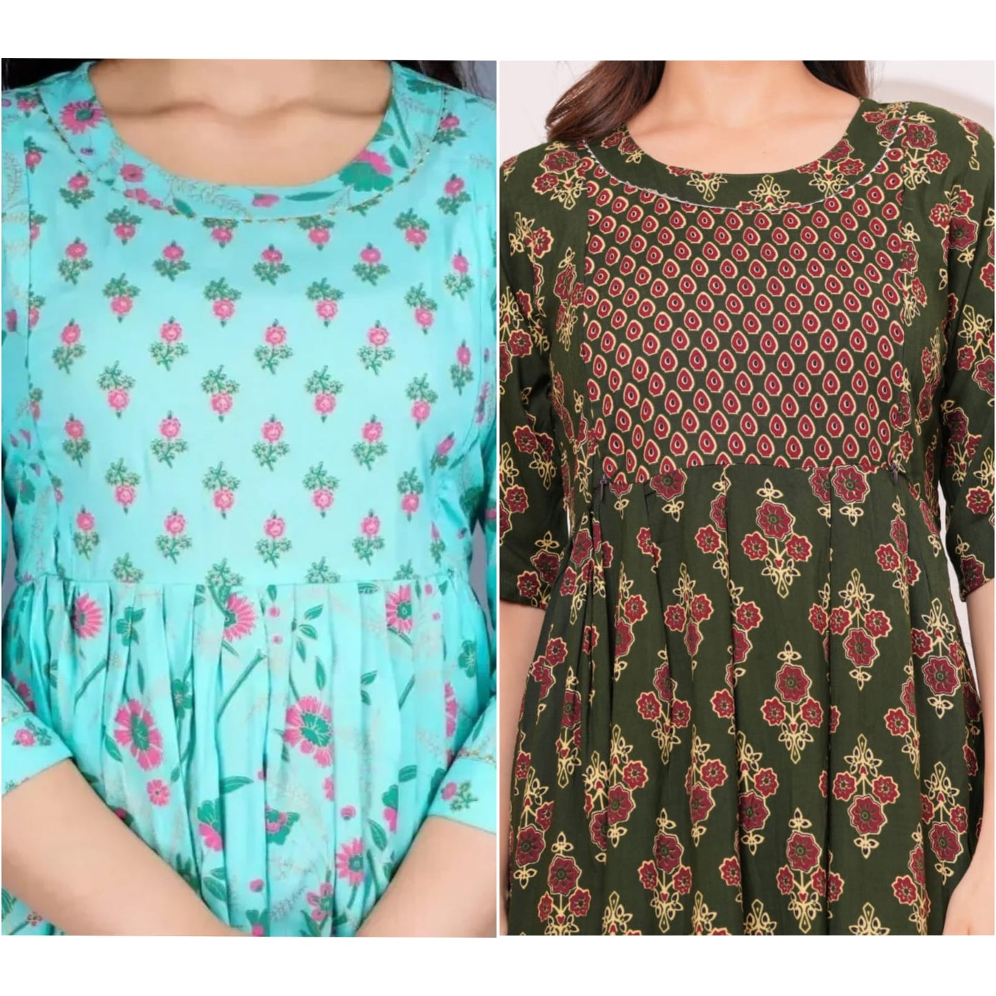 Women’s Printed Cotton Long Kurta Dress – Mint Green & Mustard Yellow Ethnic Wear