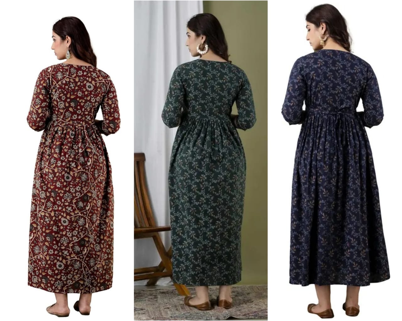 Women’s Floral Printed Cotton Long Kurta Dress – Maroon, Bottle Green & Navy Blue