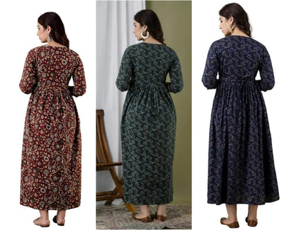 Women’s Floral Printed Cotton Long Kurta Dress – Maroon, Bottle Green & Navy Blue