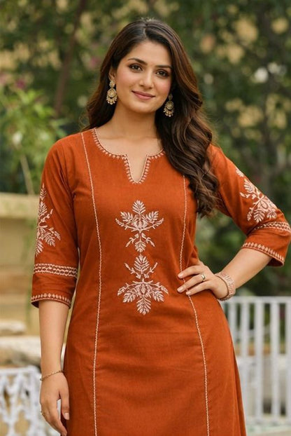 Women’s Rust Orange Printed Cotton Kurta Pant Set – Elegant Ethnic Wear