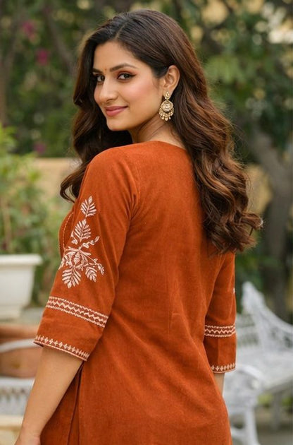Women’s Rust Orange Printed Cotton Kurta Pant Set – Elegant Ethnic Wear