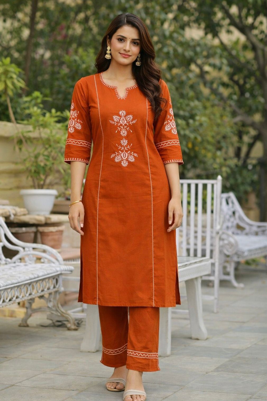 Women’s Rust Orange Printed Cotton Kurta Pant Set – Elegant Ethnic Wear