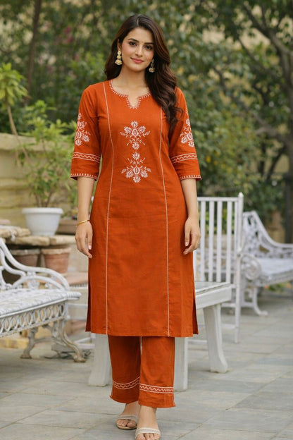 Women’s Rust Orange Printed Cotton Kurta Pant Set – Elegant Ethnic Wear