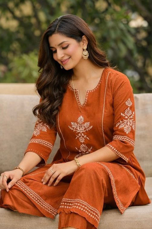 Women’s Rust Orange Printed Cotton Kurta Pant Set – Elegant Ethnic Wear