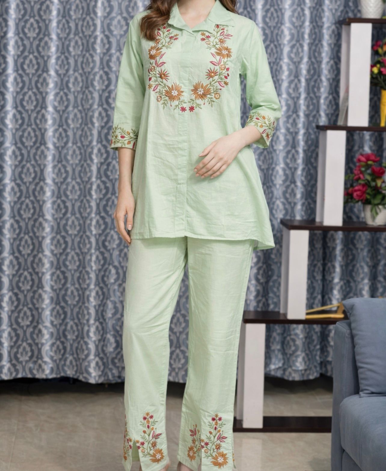 Women Mint Green Cotton Kurta Pant Set with Floral Embroidery | Stylish Ethnic Wear for Daily & Festive Use