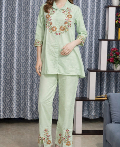 Women Mint Green Cotton Kurta Pant Set with Floral Embroidery | Stylish Ethnic Wear for Daily & Festive Use