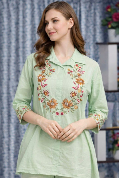 Women Mint Green Cotton Kurta Pant Set with Floral Embroidery | Stylish Ethnic Wear for Daily & Festive Use