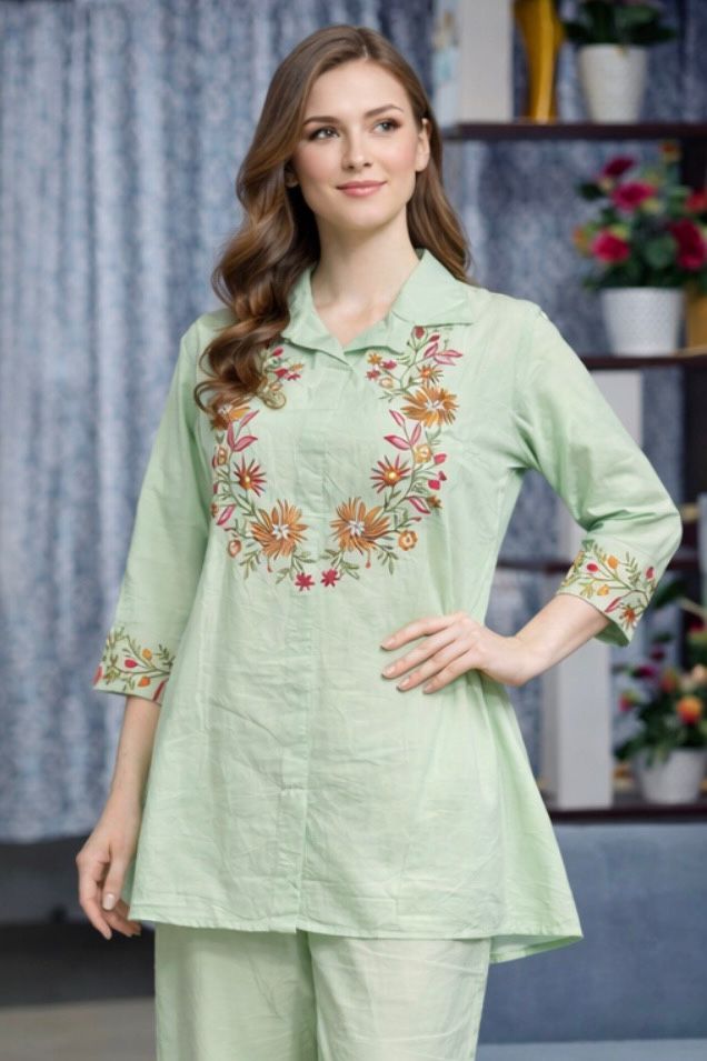 Women Mint Green Cotton Kurta Pant Set with Floral Embroidery | Stylish Ethnic Wear for Daily & Festive Use