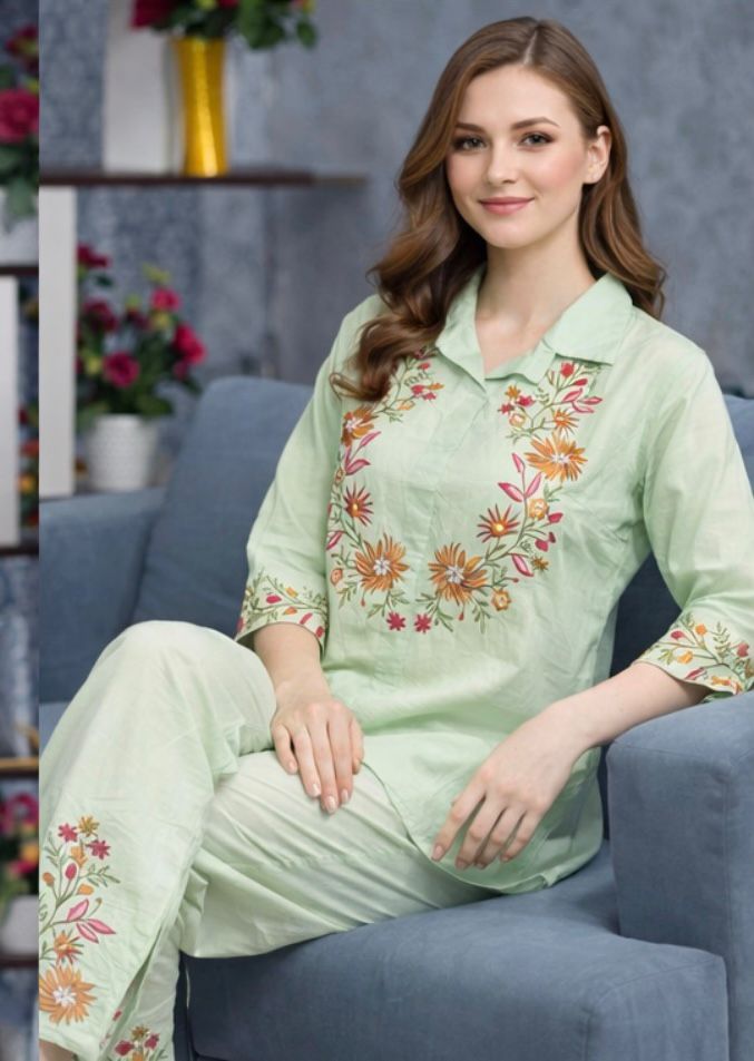 Women Mint Green Cotton Kurta Pant Set with Floral Embroidery | Stylish Ethnic Wear for Daily & Festive Use