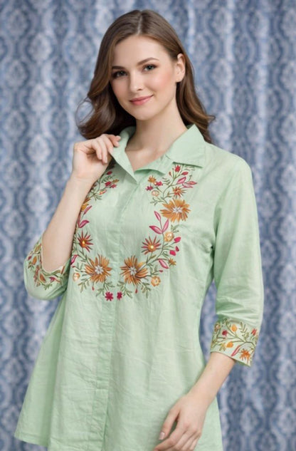 Women Mint Green Cotton Kurta Pant Set with Floral Embroidery | Stylish Ethnic Wear for Daily & Festive Use