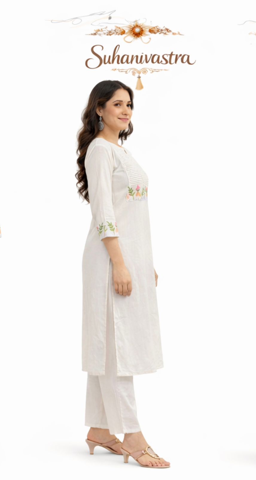 Women Off White Cotton Kurta Pant Set with Floral Embroidery | Elegant Ethnic Wear for Daily & Festive Use