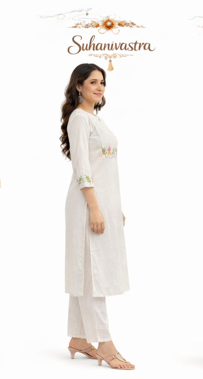 Women Off White Cotton Kurta Pant Set with Floral Embroidery | Elegant Ethnic Wear for Daily & Festive Use