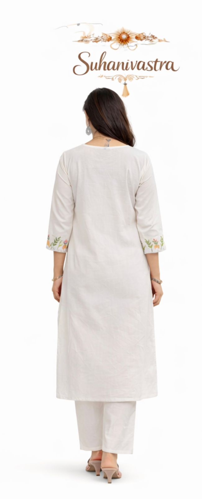 Women Off White Cotton Kurta Pant Set with Floral Embroidery | Elegant Ethnic Wear for Daily & Festive Use