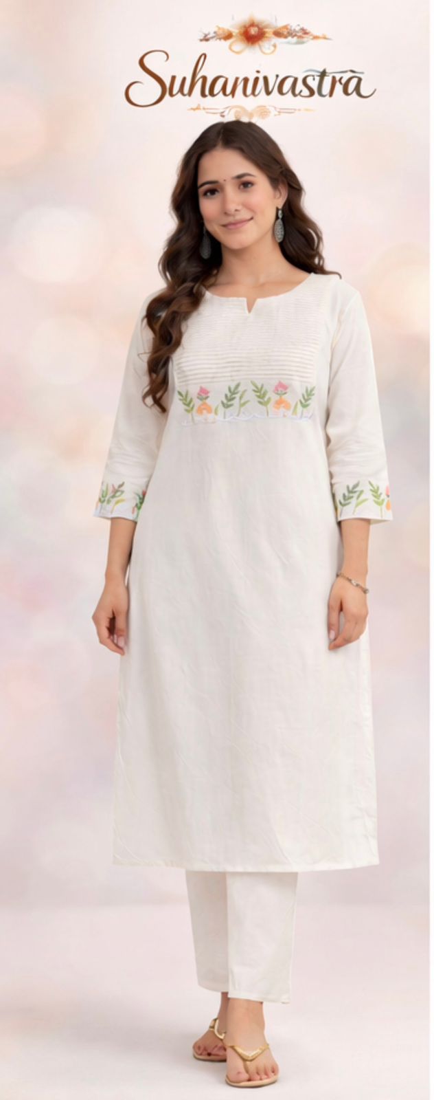 Women Off White Cotton Kurta Pant Set with Floral Embroidery | Elegant Ethnic Wear for Daily & Festive Use