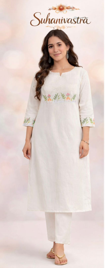 Women Off White Cotton Kurta Pant Set with Floral Embroidery | Elegant Ethnic Wear for Daily & Festive Use