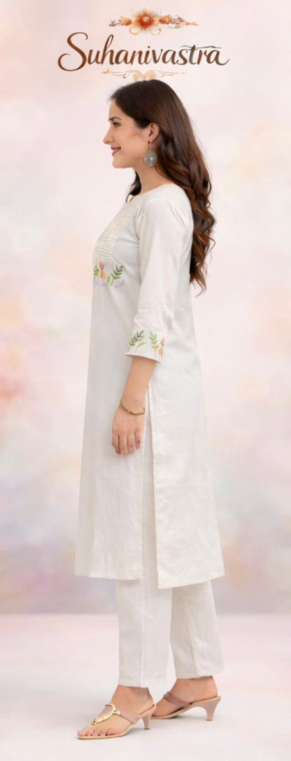 Women Off White Cotton Kurta Pant Set with Floral Embroidery | Elegant Ethnic Wear for Daily & Festive Use