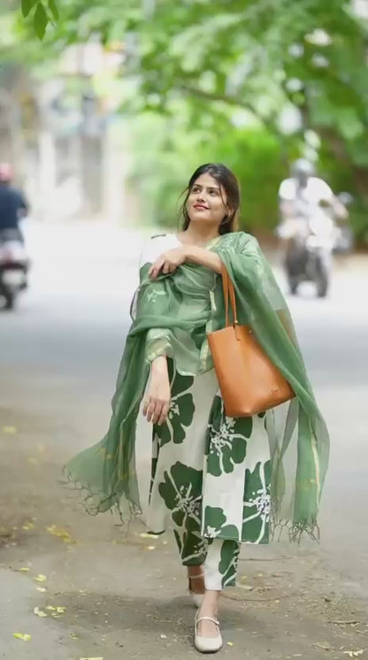 Cream & Brown Ethnic Printed Kurta Set with Dupatta for Women | Classic Traditional Wear