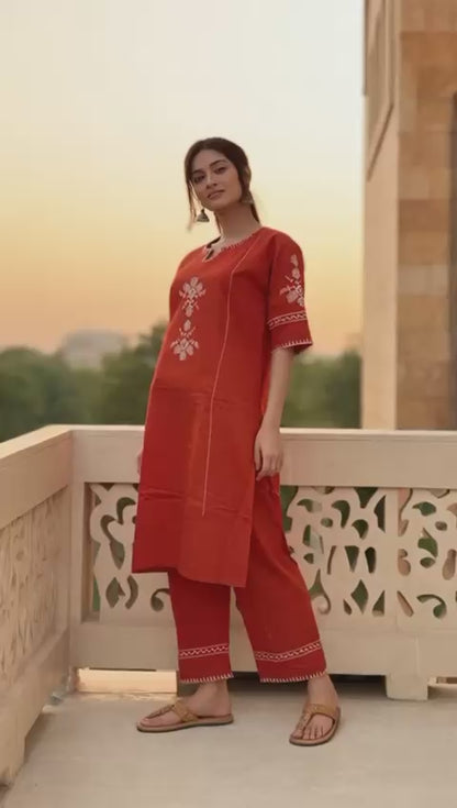 Women’s Rust Orange Printed Cotton Kurta Pant Set – Elegant Ethnic Wear